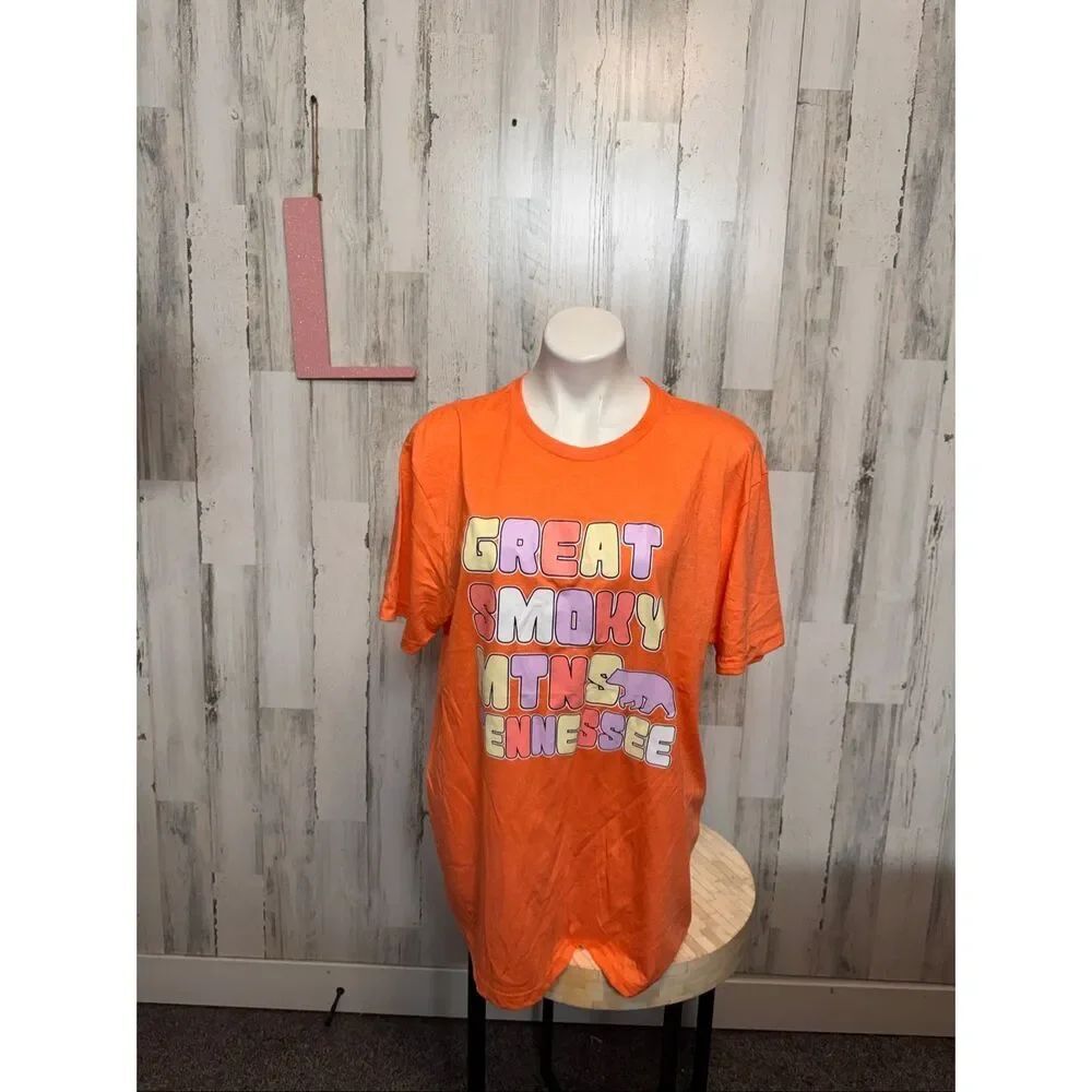 Great Smoky Mountains Tennessee Orange Graphic T-Shirt Womens Size Large L Bear